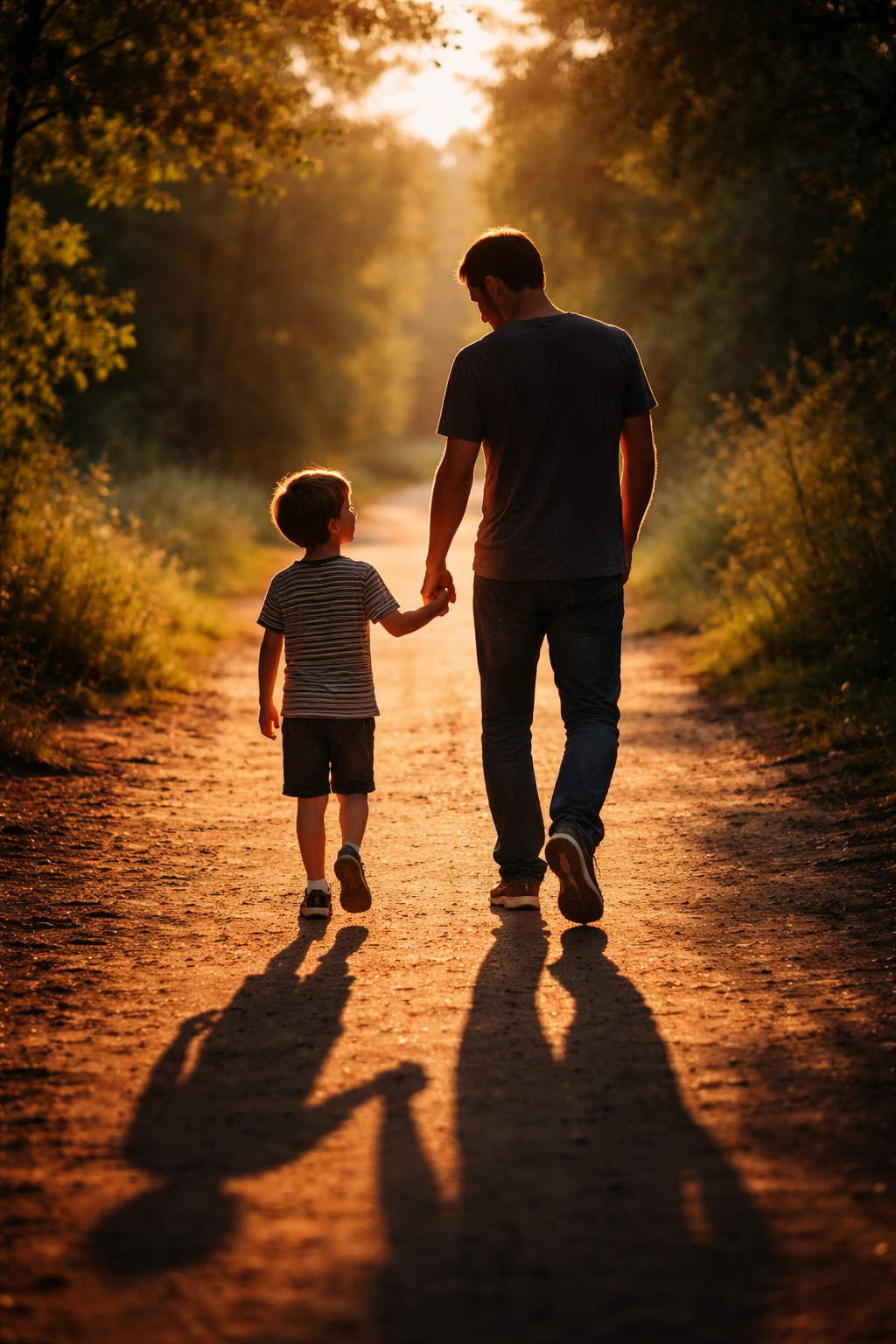 Father and child walking at sunset